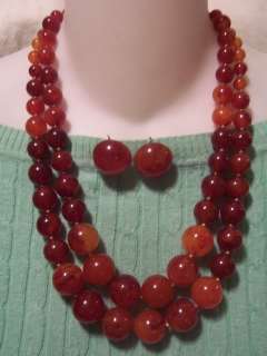 Vtg Chunky Cherry Amber Bakelite Bead 2 Necklace Earrings Set 145g No 