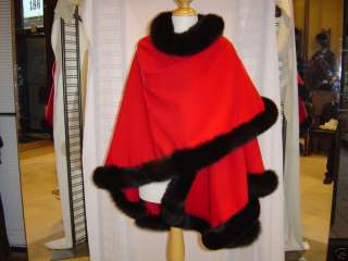 NEW RED CASHMERE CAPE WRAP SHAWL WITH BLACK FOX FUR  