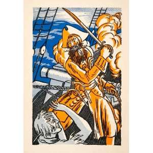  1930 Lithograph Pirate Ship Crew Gun Sword Ocean Legend Costume 