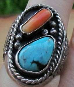 MENS OLD PAWN VINTAGE WESTERN STERLING SILVER TURQUOISE CORAL RING 8 1 