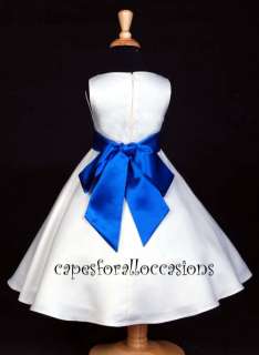 FLOWER GIRL DRESS WHITE/ROYAL BLUE 12M 2 4 6 8 10 12 14  