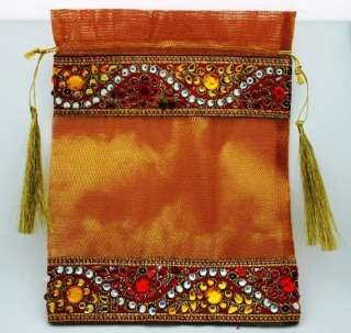 Indian Beaded Jeweled Red Orange Rhinestone Organza Wedding Gift 