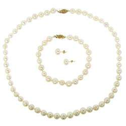   Yellow Gold White Pearl 3 piece Jewelry Set (8 9 mm)  