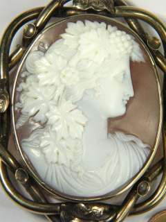 LOVELY ANTIQUE GOLD CARVED SHELL CAMEO PIN BROOCH BACCHANTE c1870 