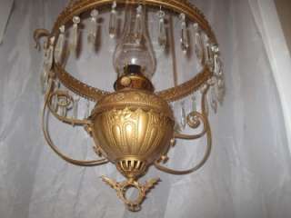 Antique Bradley & Hubbard Hanging Parlor Kerosene Oil Lamp Crystal All 