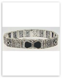 Art Deco Filigree Link Bracelet Onyx Diamonds Sterling  