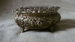 Vintage Trinket Vanity Jewelry Box Footed Brass Roses Glass Cover 