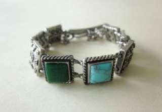 Lucky Brand Silver Tone W Blue Turquoise Green Stone Charm Bracelet 