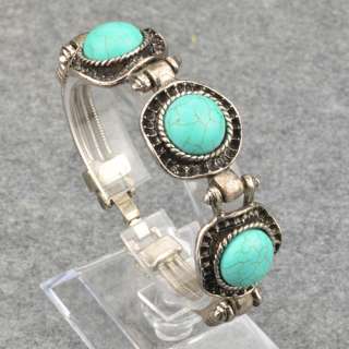 Vintage Tibet Silver Smoky Cute Round Nature Turquoise Bangle Bracelet 