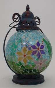 Bird Design Coloured Mosaic Glass Candle Lantern  