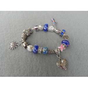 Pandora Charm Bracelet with Blue Swarovski Crystal Love, Shoe & Sun
