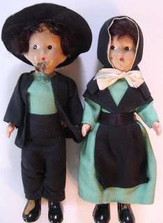Pair Amish Couple Dolls 1950s Composition Plastic Matching Outfit 