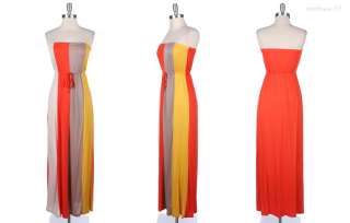   Color Block Full Long Maxi Dress Front Ribbon Stretch Elastic  