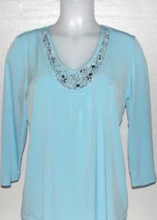 NEW Susan Graver Liquid Knit U neck Embellished 3/4 Sleeve Top  