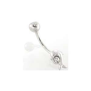   14kt White Gold Single Gem Solitare Baby Dolphin Belly Ring: Jewelry