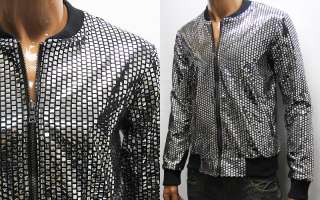 Mens Silver Metallic Shiny Plaid Zip Up Jacket S M / Fashion Club 