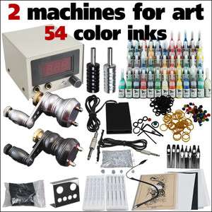 Complete Tattoo Kit 2 Machine Guns color Inks Power supply needles Set 