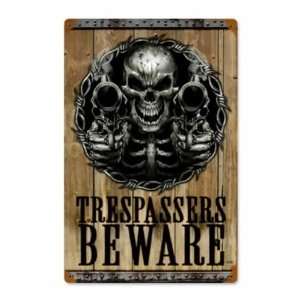  Trespassers Beware Vintage Metal Sign Skull Guns