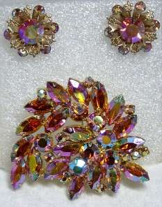 MAGNIFICENT!! Amber Aurora Borealis Rhinestone Brooch PIERCED Earrings 