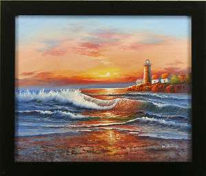 Lighthouse Sunset Beach Waves Ocean FRAMED OIL PAINTING  