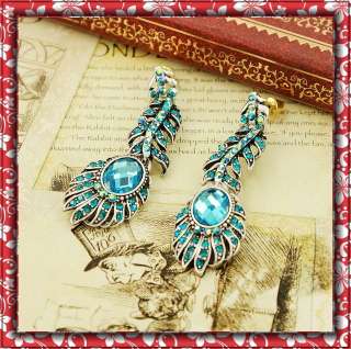 1pr Vintage elegant blue cz crystals peacock plume ear studs earrings 