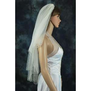   Fingertip Length Crystal Beaded Scalloped Wedding Bridal Veil Beauty
