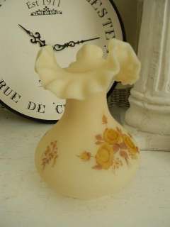 Lovely Vintage Fenton Satin Cameo Vase~Handpainted Chocolate Roses 