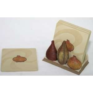 Drink Coaster Set with Holder Hand Painted Pottery Design 