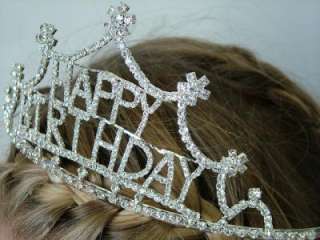New Happy Birthday Crown Rhinestone Tiara Faux Diamond  