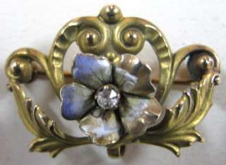 Antique Victorian 10K Diamond Enamel Violet Watch Pin Holder  