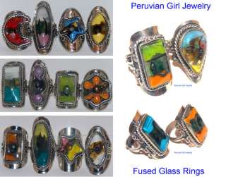 FUSED GLASS RINGS BIG BOLD ALPACA SILVER JEWELRY PERU  