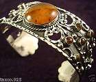   MEXICAN STERLING SILVER AMBER BEADED BEAD SCROLL CUFF BRACELET MEXICO