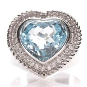  14k White Gold Pave Diamond Blue Topaz Heart Ring Jewelry