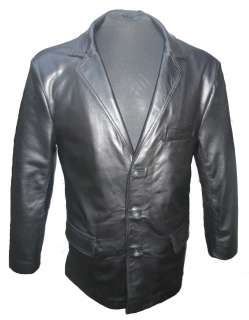 Mens Classic Black Leather 3 Button Smart Blazer Suit Jacket  