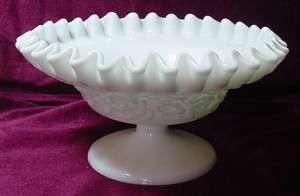 Vintage White Milk Glass Ruffled Edge Compote w/Embossed Ivy Pattern 