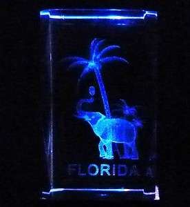 3D Laser 3 Crystal Glass Cube w/LED Base FLORIDA Elephant  