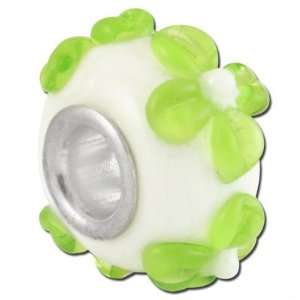  13mm White with Lime Green Flowers Rondelle Large Metal 