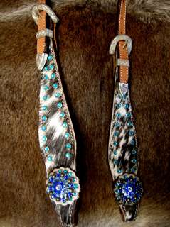   LEATHER HEADSTALL BLUE CONCHOS BARREL RACING HAIR ON TURQUOISE Z8
