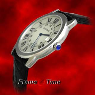 Cartier Mens Ronde Solo Black Leather Strap SS Steel Round White Watch 