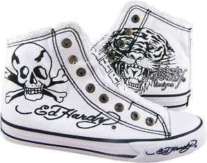 Mens Ed Hardy White Highrise Tiger Skull Tattoo Shoes  