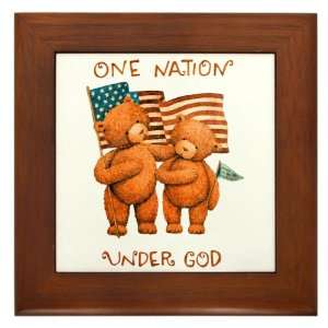  Framed Tile One Nation Under God Teddy Bears with US Flag 