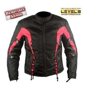 Ladies Black and Red Tri Tex Fabric Vented Motorcycle Jacket with 