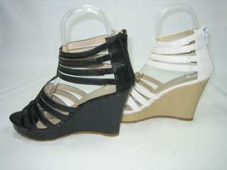 Strappy platform sandals 4 inch faux wood wedge high heel zipper women 