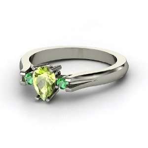 Alyssa Ring, Pear Peridot 14K White Gold Ring with Emerald 