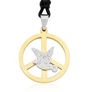 Ziovani 2 Tone Bird Peace Sign w/ CZ Stainless Steel Pendant Necklace