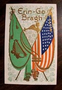 ST PATRICKS DAY Postcard 1909 FLAGS USA ERIN GO BRAGH  