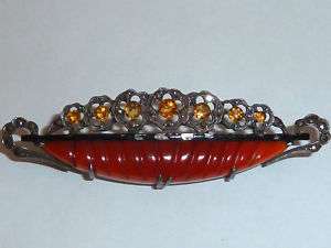   Nouveau Secessionist Sterling Marcasite Carnelian Brooch Pin  