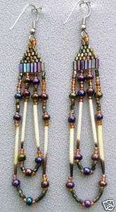 Beaded Earrings Porcupine Quills Purple Iris Gold Long  