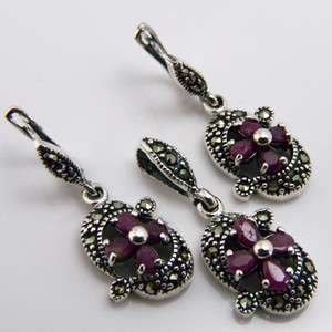 Natural Red Ruby Gemstone Marcasite Genuine 925 Silver Earring 