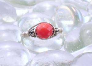 Red Coral and Sterling Silver Bali Bead Ring  